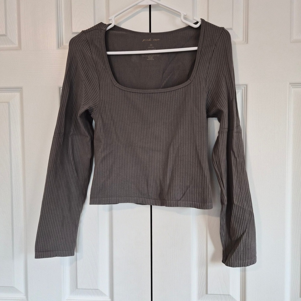 Pink Rose Charcoal‎ Gray Ribbed Long Sleeve Square Neck Crop Top S/M Loungewear